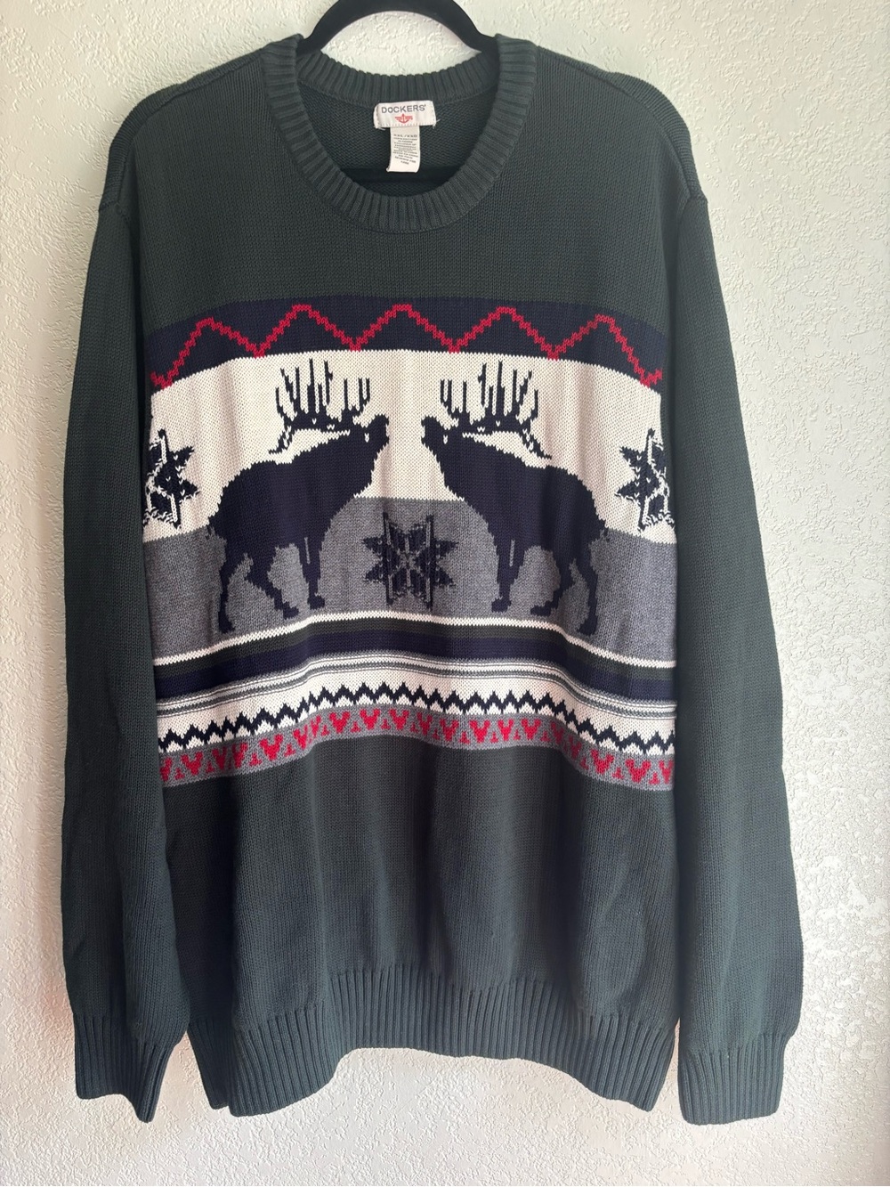 Dockers Holiday Christmas Sweater Fair Isle XXL Green 100% Cotton Deer Elk Moose